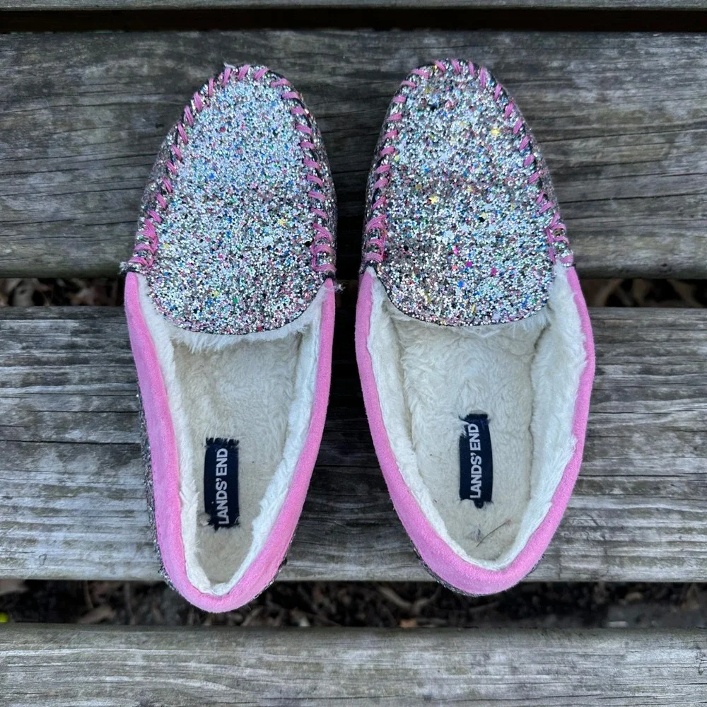 Lands End Girls Pink Glitter Faux‎ Fur Moccasin Slippers Multi Color Size 5